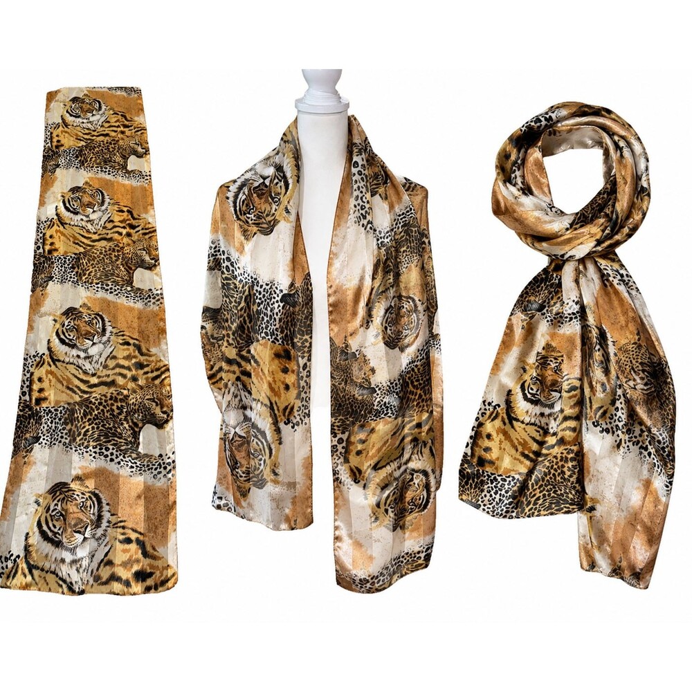 Symphony Scarfs Italy Tiger Leopard Lion Animal Print Satin Chiffon Oblong Scarf